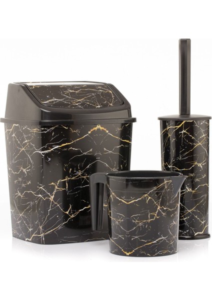 Şık Siyah Mermer Desenli Banyo Seti, Çöp Kovası, Tuvalet Fırçası ve Maşrapa