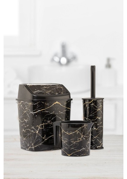 Şık Siyah Mermer Desenli Banyo Seti, Çöp Kovası, Tuvalet Fırçası ve Maşrapa fiyatları