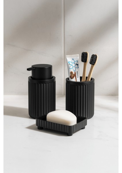 Şık Siyah 3 Parça Banyo Seti, Oval Akrilik Sabunluk ve Fırçalık Takımı