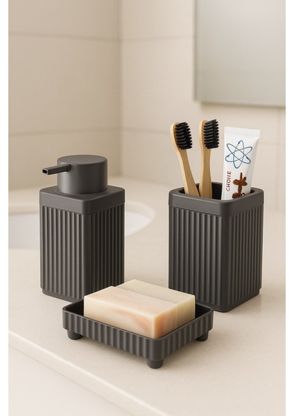 Şık Açık Gri Banyo Aksesuar Seti, 3 Parça: Diş Fırçalık, Sabunluklar