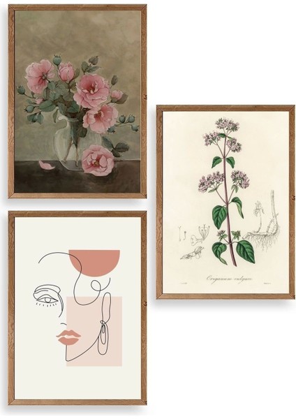 Çiçek Üçlü Ahşap Çerçeveli Tablo