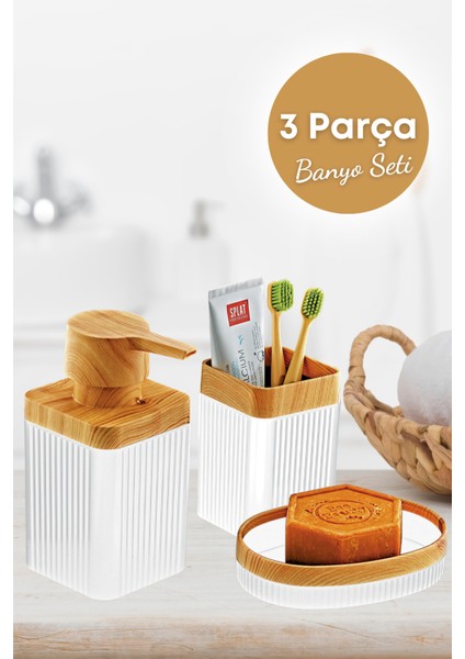 3 Parça Ahşap Desenli Banyo Seti Beyaz, Sabunluk ve Diş Fırçalık