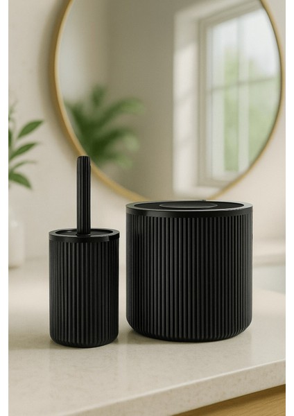 Şık Siyah Banyo Seti, Silindir Çöp Kovası ve Tuvalet Fırçası Takımı