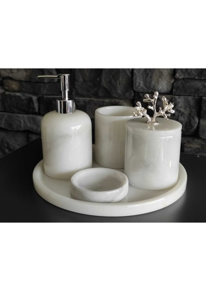 Beyaz Mermer ve Gümüş Detaylı 5'li Banyo Aksesuar Seti