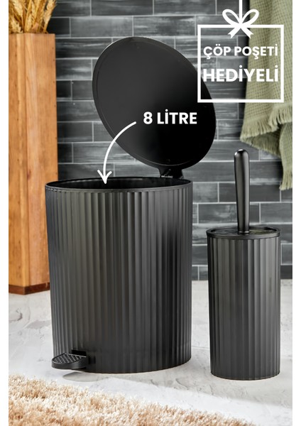 2 Parça Pedallı Banyo Seti, Çizgili Yuvarlak Çöp Kovası ve Wc Fırçası