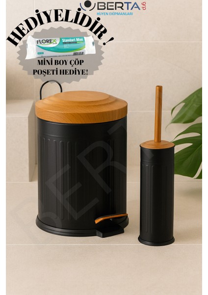 Vintage Ahşap Siyah Banyo Seti, 5lt Çöp Kovası ve Tuvalet Fırçası