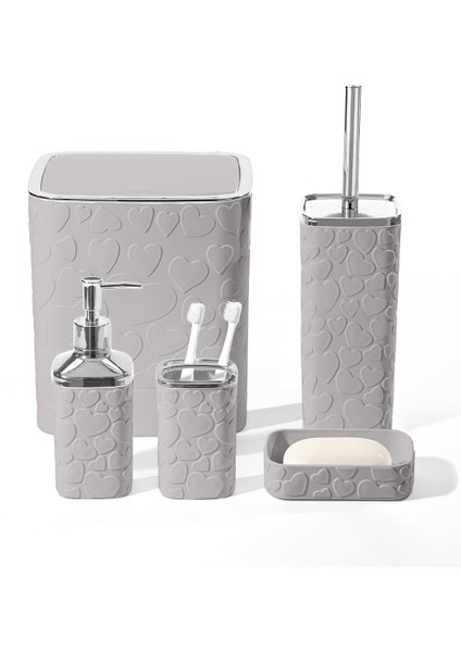 5 Parça Banyo Seti, Kalp Desenli, Gri Silver, Kare, Click Kapak, 8l