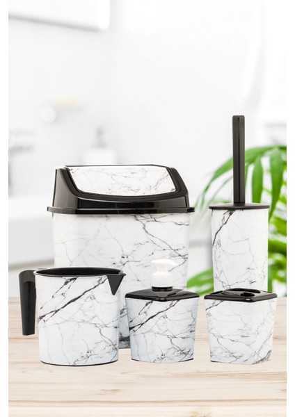 Banyo 5'li Seti, Beyaz Mermer Desenli, Çöp Kovası, Tuvalet Fırçası, Sabunluk