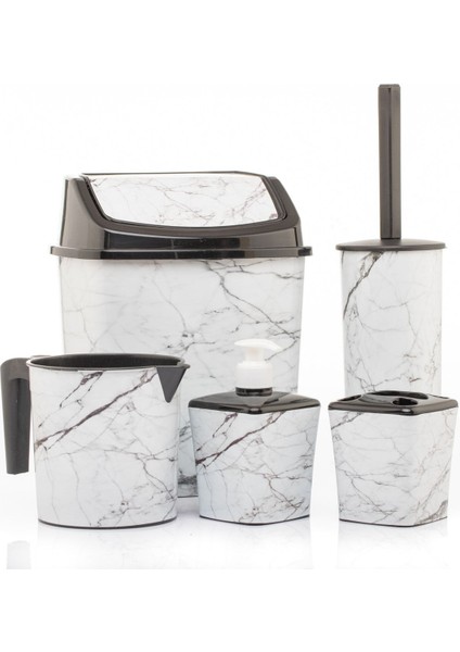 Banyo 5'li Seti, Beyaz Mermer Desenli, Çöp Kovası, Tuvalet Fırçası, Sabunluk fiyatları
