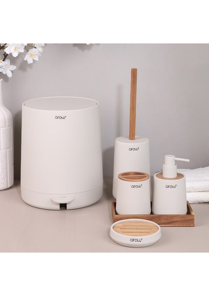 Şık 5'li Banyo Takımı, Krem Renk, Modern ve Kullanışlı Tasarım