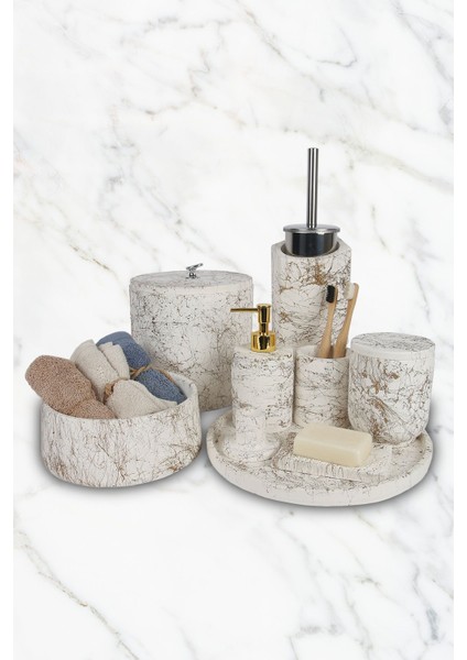 12 Parça Mermer Desenli Banyo Seti, Sabunluk, Diş Fırçalık, Çöp Kovası