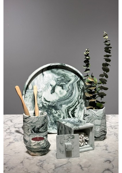 6 Parça Mermer Desenli Beton Wc ve Banyo Seti, Sunum Tepsisi, Diş Fırçalık, Mumluk, Pamukluk