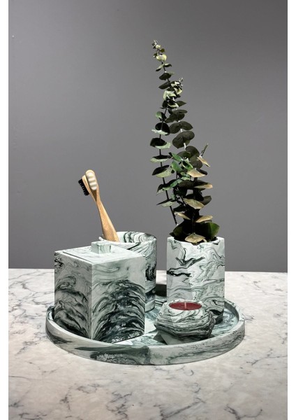 6 Parça Mermer Desenli Beton Wc ve Banyo Seti, Sunum Tepsisi, Diş Fırçalık, Mumluk, Pamukluk fiyatları