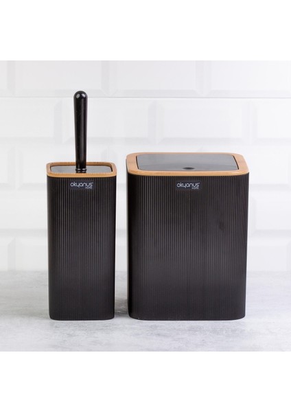 Çizgili 2'li Ahşap Desenli Banyo Aksesuar Seti Siyah