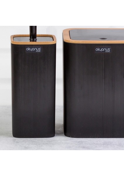 Çizgili 2'li Ahşap Desenli Banyo Aksesuar Seti Siyah fiyatları