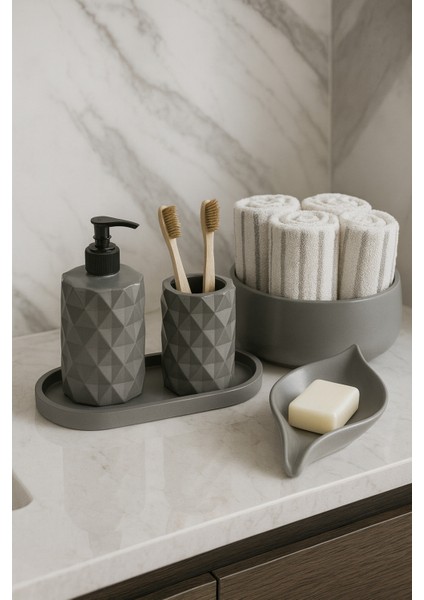 Şık 5 Parça Banyo Seti, Sabunluk, Diş Fırçalık, Tepsi ve Havluluk
