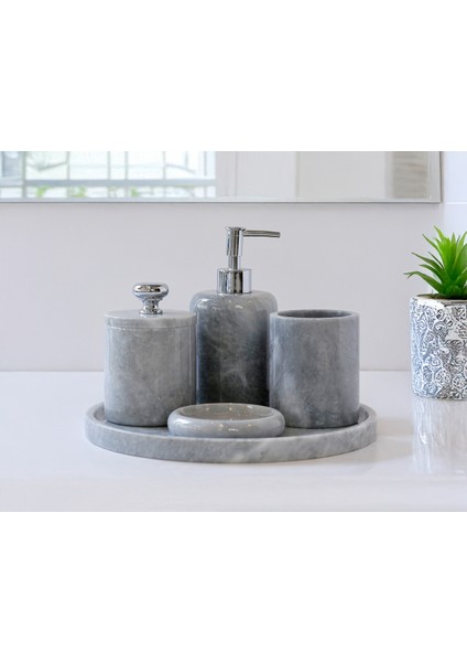 Şık 5 Parça Mermer Banyo Seti, Sıvı Sabunluk ve Aksesuarlar