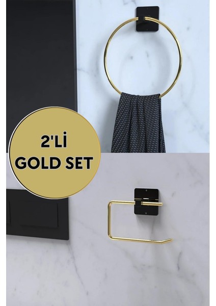 Altın Renk Yuvarlak Havluluk ve Tuvalet Kağıdı Seti 2'li, Çember Askılık