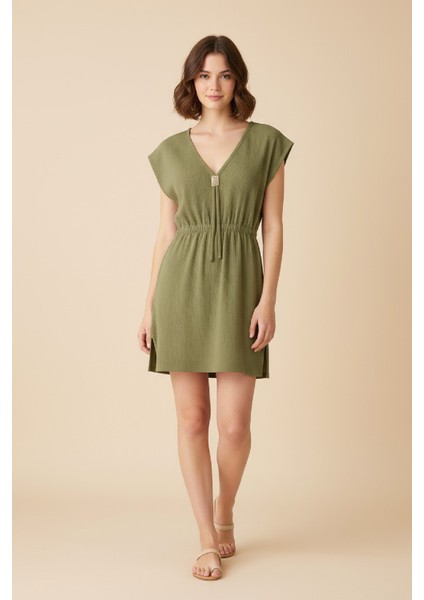 Kadın Haki Yanları Yırtmaçlı Tokalı V Yaka Plaj Elbisesi