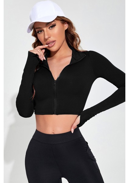 Kadın Siyah Uzun Kol Fermuarlı Parmak Geçme Detaylı Dik Yaka Crop Top Bluz fırsatları