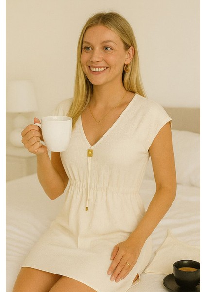 Kadın Beyaz Yanları Yırtmaçlı Tokalı V Yaka Plaj Elbisesi fiyatları