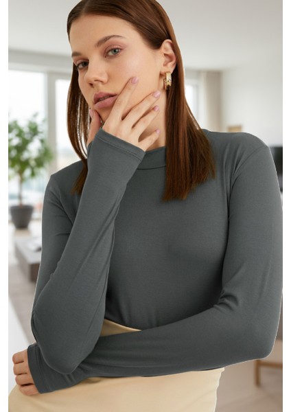Kadın Antrasit Gri Parmak Detaylı Esnek Uzun Kollu Body