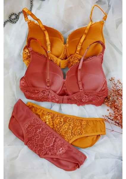 Kadın Hardal ve Kiremit Rengi Dolgulu Balenli Sütyen Külot 2'li fiyatları