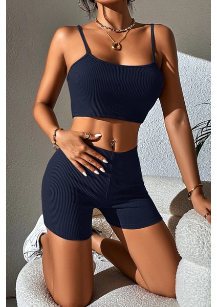 Kadın Lacivert Şortlu Kaşkorse Gecelik Takım