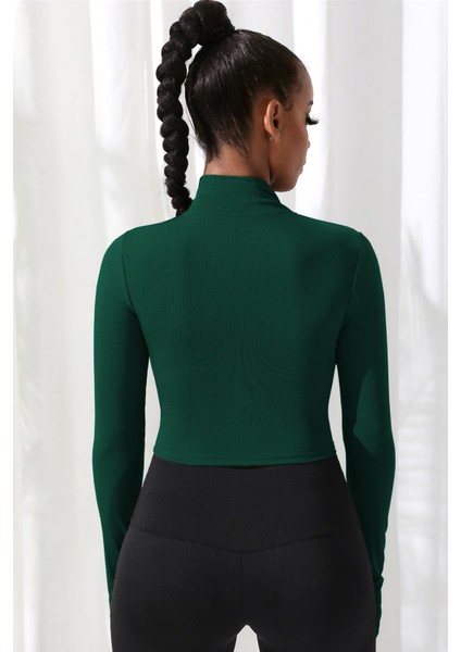 Kadın Yeşil Uzun Kol Fermuarlı Parmak Geçme Detaylı Dik Yaka Crop Top Bluz fiyatları