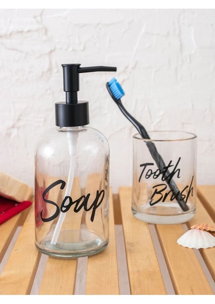 Slogan Baskılı Cam Banyo Seti, Şık ve Kullanışlı 2'li Set