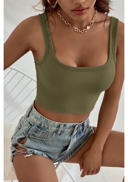 Kadın Haki Yeşili Kalın Askılı Crop Top Büstiyer