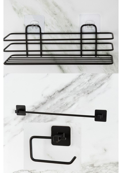 Siyah Banyo Duş Rafı, Uzun Havluluk ve Tuvalet Kağıtlığı 3'lü Set