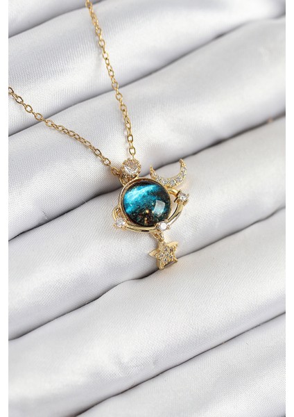 316L Çelik Zirkon Taşlı Gezegen Model Gold Renk Kadın Kolye - TJ-BKO10507