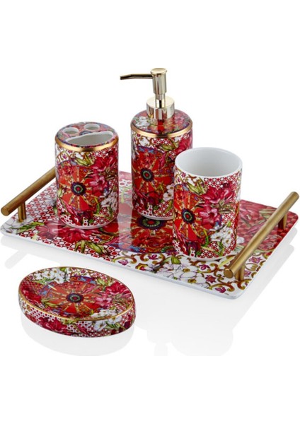 Lilyum Desenli 5'li Porselen Banyo Seti, 31X20,5X20 cm