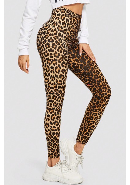 Kadın Leopar Desenli Bel Dar Kesim Esnek Tayt