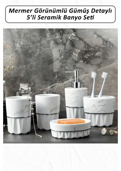 5'li Mermer Görünümlü Gümüş Detaylı Seramik Banyo Seti