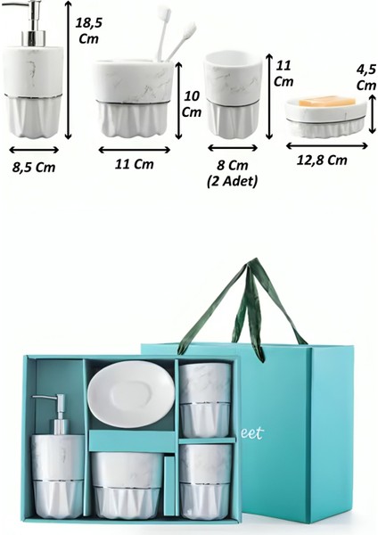 5'li Mermer Görünümlü Gümüş Detaylı Seramik Banyo Seti fiyatları