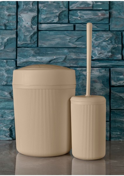 Şık 2'li Banyo Seti, Kapaklı Çizgili Çöp Kutusu ve Fırça Takımı
