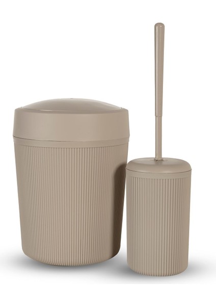 Şık 2'li Banyo Seti, Kapaklı Çizgili Çöp Kutusu ve Fırça Takımı fiyatları