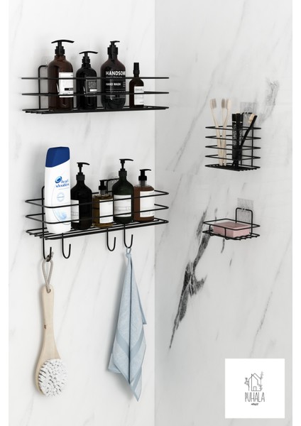 Pratik Siyah Metal Banyo Rafı 4’lü Düzenleyici Seti