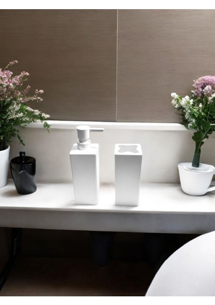 Modern Kare Banyo Seti, Sıvı Sabunluk ve Diş Fırçalık, Beyaz fiyatları