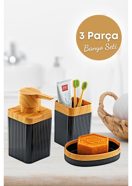 3 Parça Ahşap Desenli Siyah Banyo Seti, Sabunluk ve Diş Fırçalık