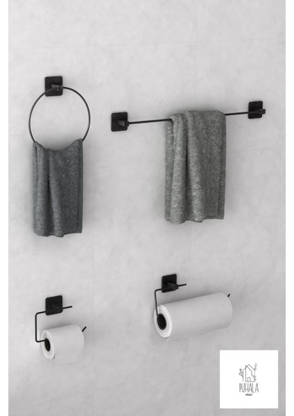 Siyah Yapışkanlı 4'lü Banyo Seti, Uzun ve Yuvarlak Havluluk, Kağıtlık