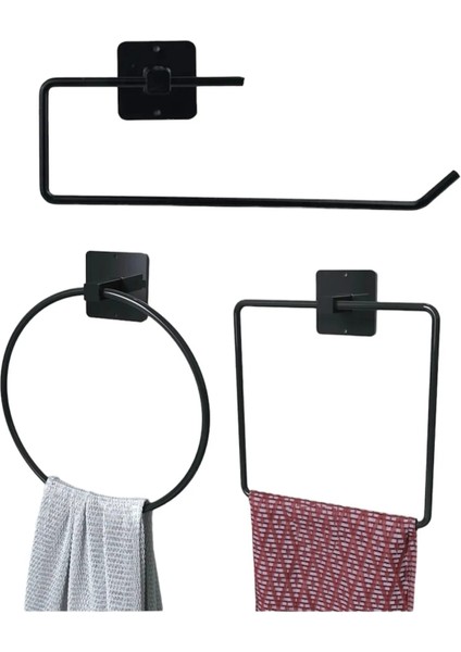 Siyah Metal 3'lü Yapışkanlı Havluluk Seti, Yuvarlak ve Kare Tasarımlar