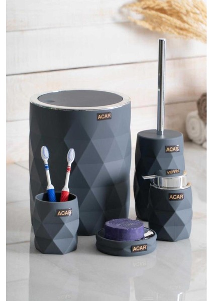 Şık Gri Geometrik 5 Parça Banyo Takımı, Modern ve Kullanışlı