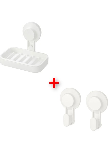 Çiftli Vantuzlu Banyo Seti, Beyaz Plastik Duvar Askısı ve Sabunluk