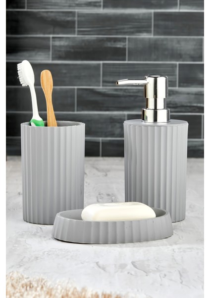 3 Parça Yuvarlak Banyo Takımı: Sıvı ve Katı Sabunluk, Diş Fırçası Kapağı