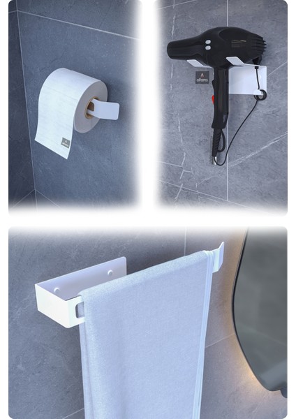 Pratik Metal 3’lü Set: Tuvalet Kağıtlık, Havlu Askısı ve Fön Tutucu