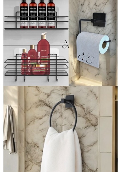 Siyah 4'lü Banyo Seti, Duş Rafı, Yuvarlak Havluluk ve Wc Kağıtlık