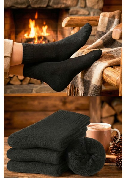Unisex 3 Çift Siyah Blok Kışlık Havlu Çorap